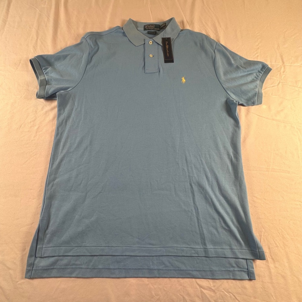 Polo Ralph Lauren Mens Custom Fit Short Sleeve Polo Shirt Blue Yellow Pony L NWT